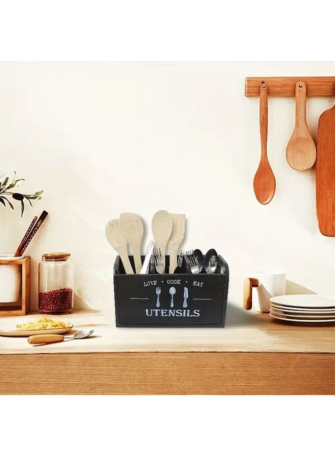 Baked Color Distressed Wooden Utensil Organizer Box With Cook Eat Design - Image 5